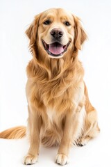 Golden Retriever dog isolated on white background, studio shot with happy expression and tongue out. Generative ai