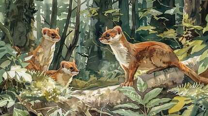 Obraz premium Dense underbrush, weasels hunting, forest floor showcase, Watercolor style