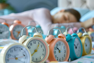 A young person struggles with multiple alarm clocks in a bedroom during morning hours