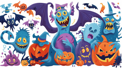 Halloween-themed image featuring a ghost, pumpkin, bats, and someone in a Batman costume and mask.