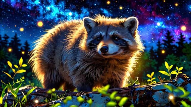 タヌキが銀河と星を眺めるカラフルで風変わりなアニメーション