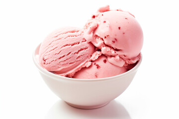 strawberry ice cream in a white bowl on a white background