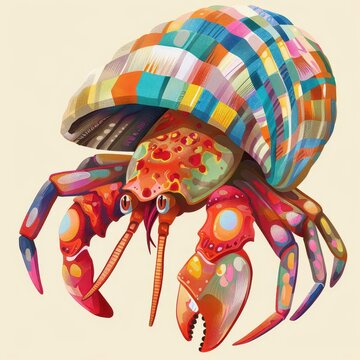 recommend clip art: A cute clip-art style portrayal of a red hermit crab in a colorful shell,