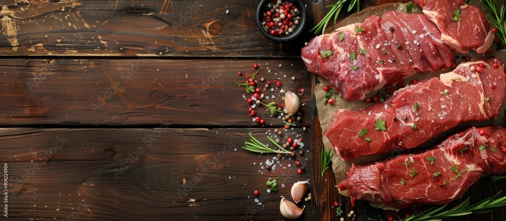 Poster Preparing raw meat on a wooden table for marinating with copy space image