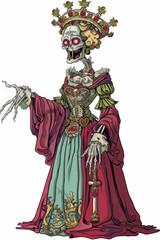 Fototapeta premium A skeleton woman in a red dress with a crown on her head