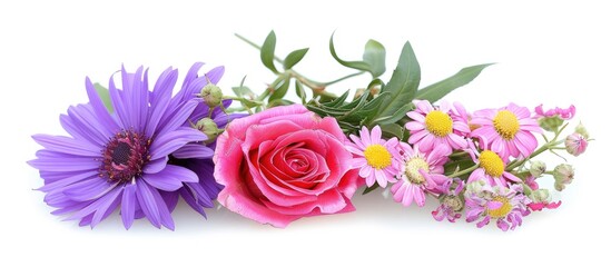 Purple aster flower jasmine and pink rose on a white background for your text quotes or design with a copy space image