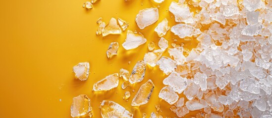 Top down view of crushed ice on a yellow background with copy space image available