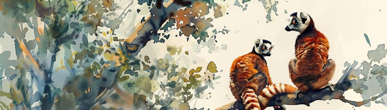 High canopy, woolly lemurs, nature exhibit, Watercolor style