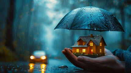 person holding an umbrella over a miniature house and car, symbolizing protection from natural disasters and accidents, with storm clouds in the backgrounds