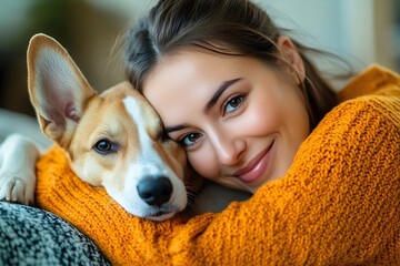 Happy Woman in Orange Sweater Cuddling Her Dog on the Sofa, Close Up Portrait Photograph in the Style of Natural Light Minimalism 