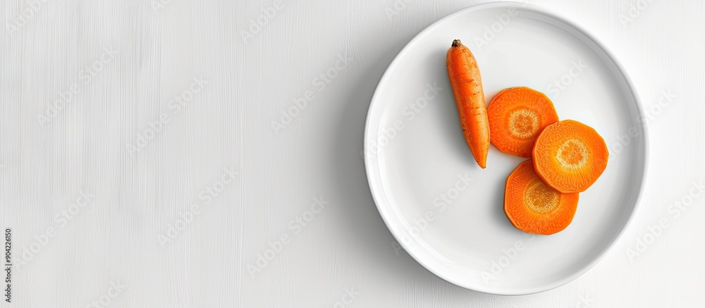 Sticker Top down view of sliced fresh carrot on a white plate against a white background with copy space image Displays a fresh vegetable for a salad a healthy flat lay composition