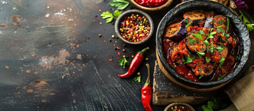 Terong balado a classic Indonesian dish perfect for vegans and vegetarians comprises eggplant spices and a spicy chili sauce in a copy space image