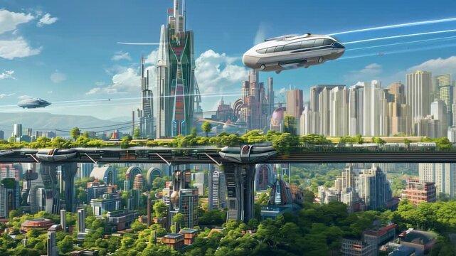 Futuristic city with flying cars, green spaces, and advanced architecture under a blue sky
