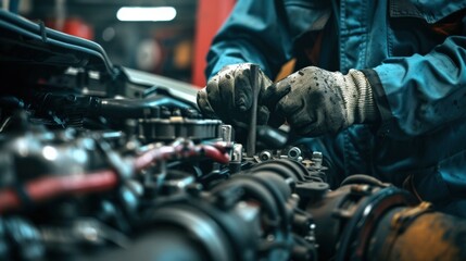A mechanic is tightening bolts on a car engine while focused on his work in a bustling auto garage during the day