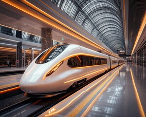 Futuristic Magnetic Levitation Trains at a Modern High-Speed Rail Station