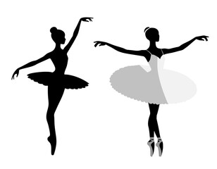 Silhouettes of ballerinas on a white background. Ballerina in a tutu. Ballet dancing. Set of ballet dancers silhouettes. © Hanna ArtLab