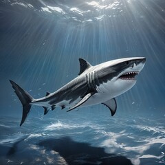 Obraz premium a majestic great white shark swimming gracefully through the ocean depths, sunlight filtering through the water and illuminating its powerful form.