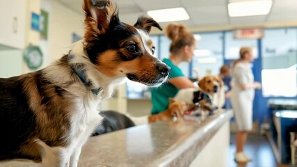 A group of dogs in a veterinary clinic waiting for care