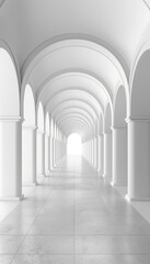 Obraz premium Minimalist white hallway with arched tunnel and columns