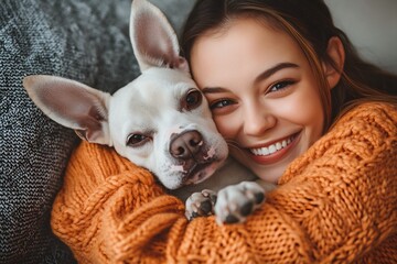 Happy Woman in Orange Sweater Cuddling Her Dog on the Sofa, Close Up Portrait Photograph in the Style of Natural Light Minimalism 