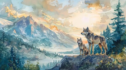 Mountain vista, wolves hunting, natural showcase, Watercolor style