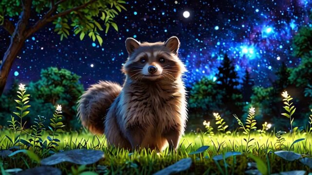 タヌキが野原で星空を見上げるキュートで風変わりなアニメーション
