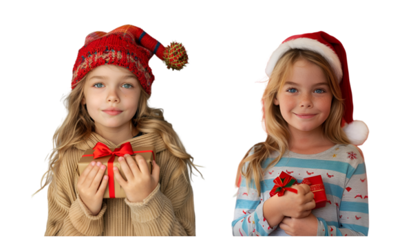 Little girl wearing a Christmas hat and a gift box in her hand