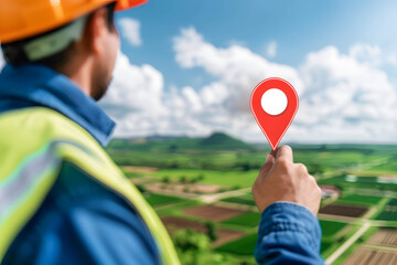 Engineer or land expert examining areas for construction or land for sale, engineer doing quality control checking at vacant land and red pin icon