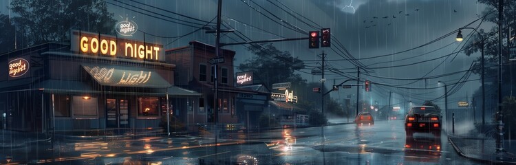 Obraz premium town at night with sign saying 