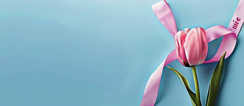 A pink ribbon design with a tulip and the word lie on the right placed on a blue backdrop with room for text suitable for World Cancer Day and breast cancer themes. Copy space image - Powered by Adobe