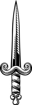 A sword or dagger medieval weapon design illustration in a vintage woodcut retro tattoo style