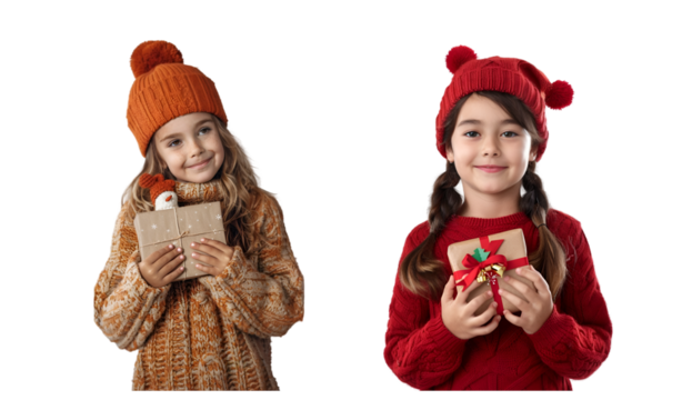Little girl wearing a Christmas hat and a gift box in her hand