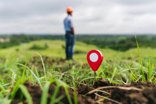 Engineer or land expert examining areas for construction or land for sale, engineer doing quality control checking at vacant land and red pin icon