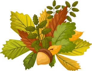 autumn composition of autumn leaves of different trees with acorn and chestnut and maple