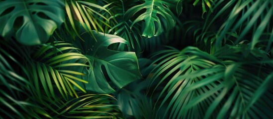 Detailed closeup view of a vibrant green leaf from an exotic plant in a forest setting with a background featuring lush palm leaves Dark themed tropical leaf flat lay with copy space image
