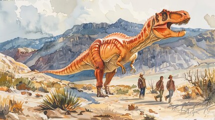 Paleontology workshops, dinosaur genus research, desert expedition, Watercolor style