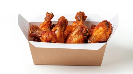 Delicious fried chicken wings in paper box, isolated on white background