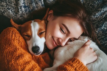 Happy Woman in Orange Sweater Cuddling Her Dog on the Sofa, Close Up Portrait Photograph in the Style of Natural Light Minimalism 