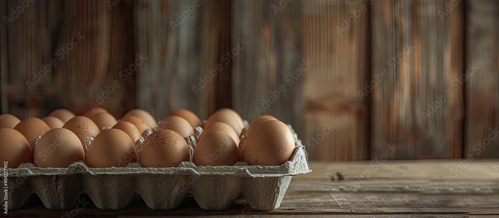 Poster Eggs in a carton box on a wooden backdrop create a beautiful copy space image