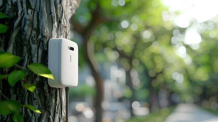 EV charger on a tree, with green and smart city, clean energy and ecosystem concept, sustainable and environmentally friendly energy or eco friendly, eco-car or electric car