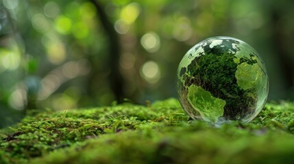 A glass globe with a map of continents placed on green moss, symbolizing environmental conservation and nature, with a blurred bokeh background.