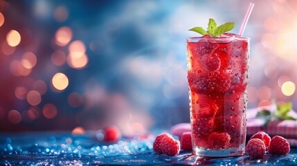 Chilled raspberry iced tea with raspberries and a straw on a summer picnic background, with a distant planet in the sky