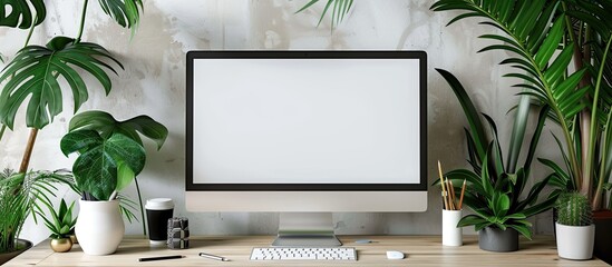 An office setting with lush indoor plants a sleek desktop computer displaying a blank screen modern accessories and a pencil holder creating a professional ambiance with copy space image