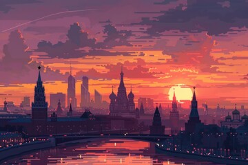 Naklejka premium Postcard with landscape of Moscow, Russia at sunset