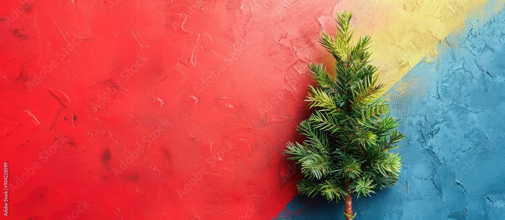 Poster Top view of a petite Christmas tree set against a colorful backdrop with empty copy space image