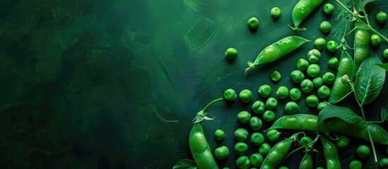 Fresh organic green peas with a green background providing a top view of the vegetable harvesting creating a beautiful close up with healthy vegetarian food in a copy space image