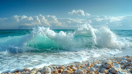 A stunning seascape capturing powerful waves crashing onto a pebble-filled shore under a partly cloudy sky, ideal for travel brochures, relaxation themes, or environmental campaigns,