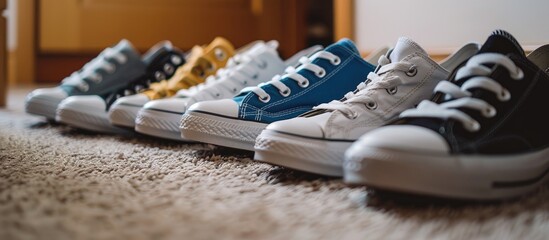 Sneakers of various sizes placed on a carpet with ample room for a caption in a copy space image
