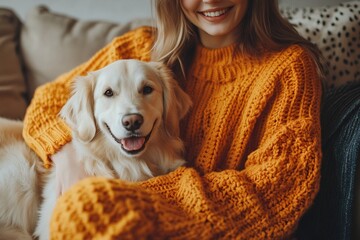 Happy Woman in Orange Sweater Cuddling Her Dog on the Sofa, Close Up Portrait Photograph in the Style of Natural Light Minimalism 
