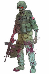 A zombie soldier is holding a rifle and wearing a camouflage uniform